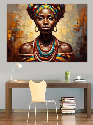 Karizma Tablo Etnik Takılı Afrikalı Kadın Portresi Dekoratif Kanvas - Mdf Ahşap Tablo
