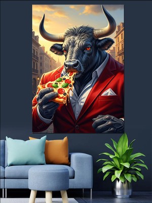 Karizma Tablo Pizza Yiyen Takım Elbiseli Boğa Dekoratif Kanvas - Mdf Ahşap Tablo