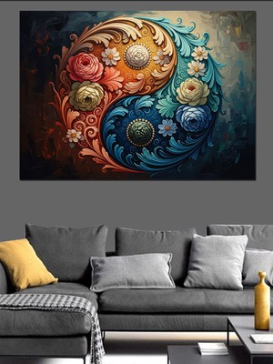 Karizma Tablo Çiçekli Yin Yang Denge Sembolü Dekoratif Kanvas - Mdf Ahşap Tablo