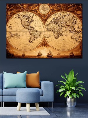 Karizma Tablo Eskitme Antika Dünya Haritası Tablosu Dekoratif Kanvas - Mdf Ahşap Tablo
