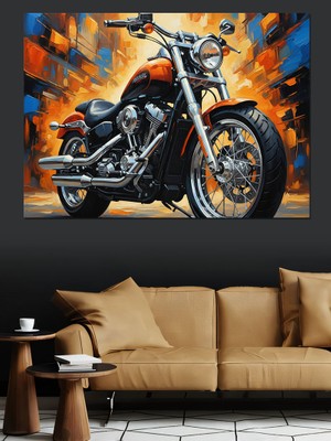 Karizma Tablo Şehirde Duran Turuncu Klasik Motosiklet Dekoratif Kanvas - Mdf Ahşap Tablo