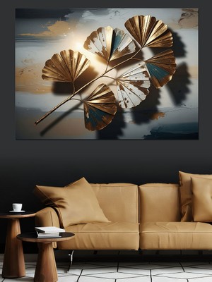 Karizma Tablo Altın Varaklı Modern Yaprak Buketi Dekoratif Kanvas - Mdf Ahşap Tablo