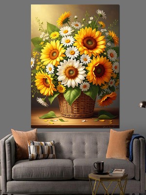 Karizma Tablo Vazoda Büyük ve Parlak Ayçiçekleri Dekoratif Kanvas - Mdf Ahşap Tablo