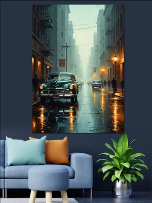 Karizma Tablo Gece Şehrinde Park Etmiş Araba Dekoratif Kanvas - Mdf Ahşap Tablo