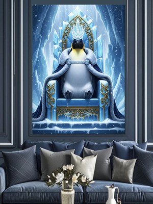 Karizma Tablo Tahtta Oturan Karizmatik Penguen Kral Dekoratif Kanvas - Mdf Ahşap Tablo