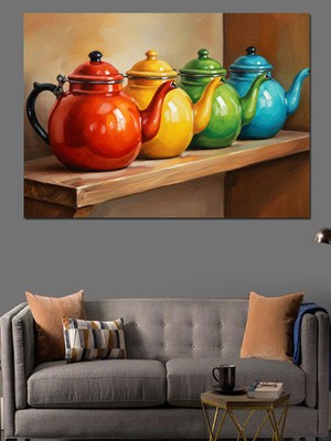 Karizma Tablo Renkli Mutfak Çaydanlık Koleksiyonu Tablosu Dekoratif Kanvas - Mdf Ahşap Tablo