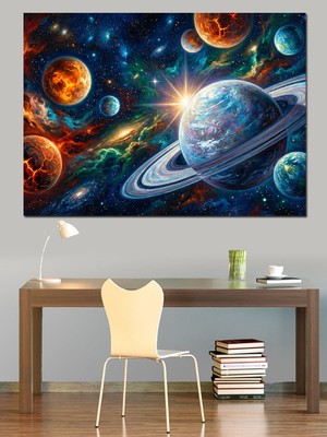 Karizma Tablo Gezegenler ve Galaksi Uzay Manzarası Dekoratif Kanvas - Mdf Ahşap Tablo
