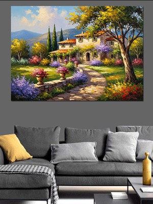 Karizma Tablo Çiçekli Bahçede Müstakil Taş Ev Dekoratif Kanvas - Mdf Ahşap Tablo