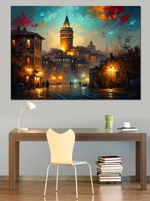 Karizma Tablo Gece Işıklarında Istanbul Galata Kulesi Dekoratif Kanvas - Mdf Ahşap Tablo