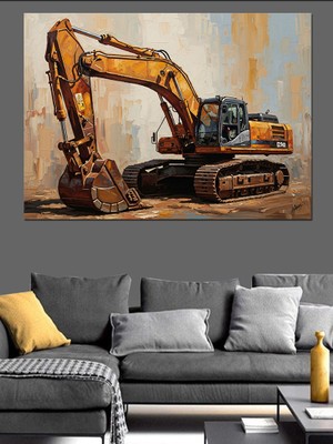 Karizma Tablo Şantiyede Çalışan Modern Sarı Ekskavatör Dekoratif Kanvas - Mdf Ahşap Tablo