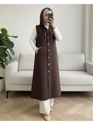 Modamorfo Boydan Düğmeli Kapşonlu Cepli Kapitone Uzun Yelek  -K. Kahve