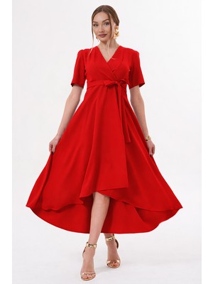 Ruris Kırmızı Kruvaze Yaka Asimetrik Sarmal Etek Kısa Kollu Kuşaklı Midi Boy Abiye Mezuniyet Elbisesi