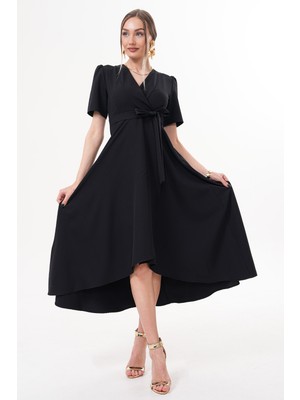 Ruris Siyah Kruvaze Yaka Asimetrik Kesim Sarmal Etek Kısa Kollu Kuşaklı Midi Boy Abiye Mezuniyet Elbisesi