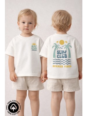 Miniel Unisex Bisiklet Yaka Surf Club Baskılı %100 Pamuklu Oversize T-Shirt Bebek-Çocuk