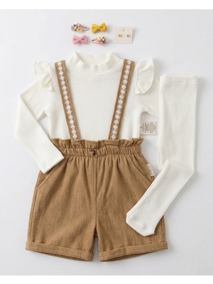 Ege Bebek Kız Çocuk 2-3-4-5-6 Yaş Kadife Şortlu 2'li Salopet Elbise ve Badi L Külotlu Çorap Hediyeli