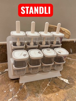 Deyhome Stantlı   Kaşıklı + Döner Kapaklı 8’li Baharat Takımı Yapışkanlı Duvara Monte Edilebilir