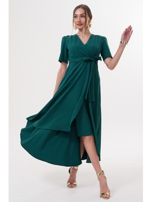 Ruris Zümrüt Yeşil Kruvaze Yaka Asimetrik Sarmal Etek Kısa Kollu Kuşaklı Midi Boy Abiye Mezuniyet Elbisesi