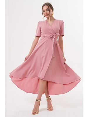 Ruris Gül Kurusu Kruvaze Yaka Asimetrik Sarmal Etek Kısa Kollu Kuşaklı Midi Boy Abiye Mezuniyet Elbisesi