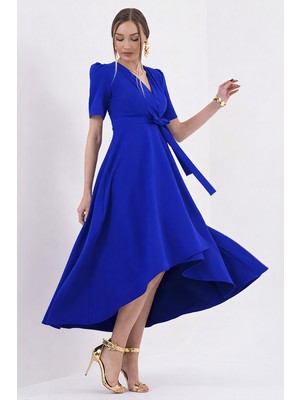 Ruris Saks Mavi Kruvaze Yaka Asimetrik Sarmal Etek Kısa Kollu Kuşaklı Midi Boy Abiye Mezuniyet Elbisesi