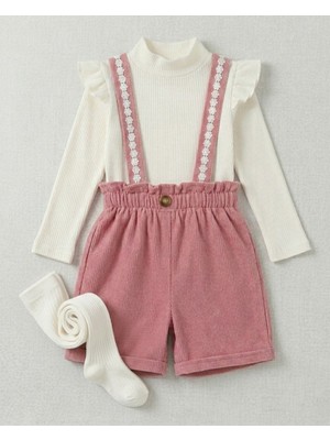 Ege Bebek Kız Çocuk 2-3-4-5-6 Yaş Kadife Şortlu 2'li Salopet Elbise ve Badi L Külotlu Çorap Hediyeli