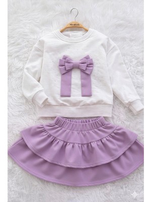 Butik Bayramlık Çok Sevilen Fiyonk Detaylı Kız Çocuk Sweat&fırfır Etek Ikili Takım