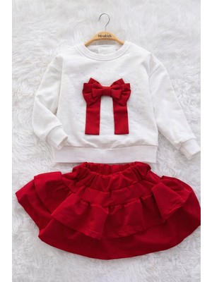 Butik Bayramlık Çok Sevilen Fiyonk Detaylı Kız Çocuk Sweat&fırfır Etek Ikili Takım