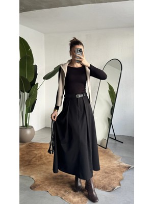 Asfa Moda Kadın Siyah Maxi Boy Kemerli Uzun Etek Kadın Yüksek Bel Pileli