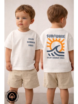 Miniel Unisex Bisiklet Yaka Surfwave Baskılı %100 Pamuklu Oversize T-Shirt Bebek-Çocuk