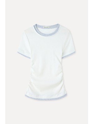 Fıtted Büzgülü Kontrast Bisiklet Yaka T-Shırt