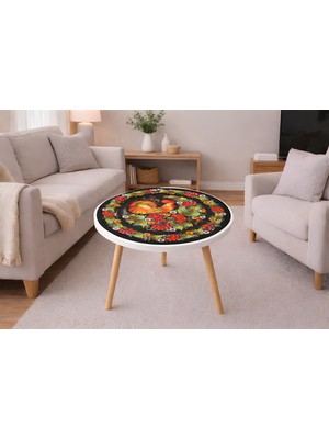 Boyut Horoz Desenli Yuvarlak Orta Sehpa 42X42 cm – Beyaz Kenar, Doğal Ahşap 3 Ayak, Dekoratif Tasarım