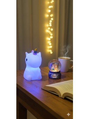 Home Dekor Hediye 2 Li Sevgiliye Romantik Hediye Seti Unicorn Çok Renkli LED Gece Lambası ve 9 cm Mor Kar Küresi Seti