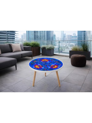 Boyut Mavi Çini Desenli Yuvarlak Orta Sehpa – 42X42 cm Beyaz Kenarlı, 3 Ayaklı Dekoratif Modern Sehpa