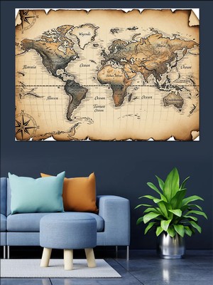 Karizma Tablo Antik Kağıt Üzerinde Dünya Haritası Dekoratif Kanvas - Mdf Ahşap Tablo