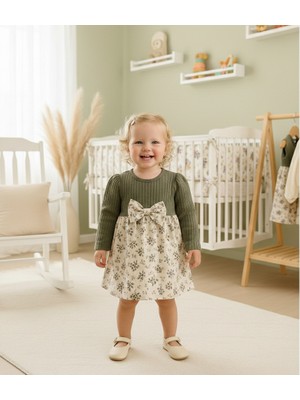 GENYBABY Kız Bebek Elbise Fiyonk Detaylı Çiçek Desenli Uzun Kollu Bebek Elbisesi