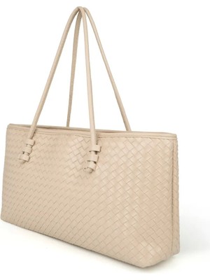 Beshora Owen Bej Mat Kadın Dikdörtgen Tote Fermuarlı Örgü Detaylı Baget El Omuz Çantası