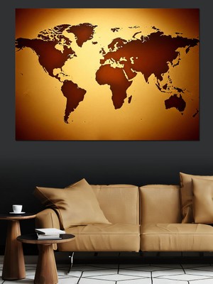 Karizma Tablo Altın Tonlarında Dünya Haritası Tasarımı Dekoratif Kanvas - Mdf Ahşap Tablo
