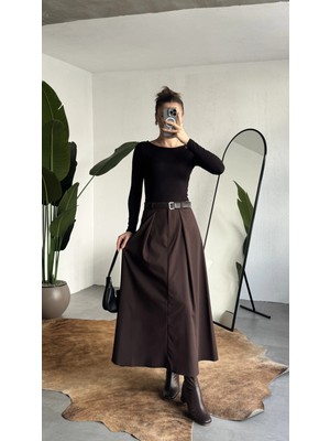 Asfa Moda Kadın Kahverengi Maxi Boy Kemerli Uzun Etek Kadın Yüksek Bel Pileli