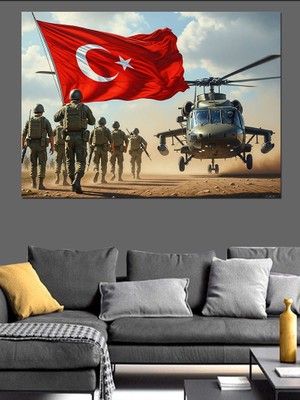 Karizma Tablo Türk Bayraklı Askerler ve Helikopter Dekoratif Kanvas - Mdf Ahşap Tablo