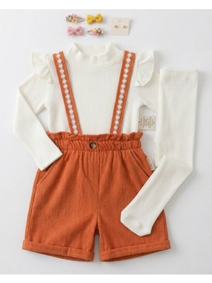 Ege Bebek Kız Çocuk 2-3-4-5-6 Yaş Kadife Şortlu 2'li Salopet Elbise ve Badi L Külotlu Çorap Hediyeli