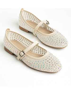 Senzora Bej Cilt Kadın Taş Detaylı Fileli Günlük Babet