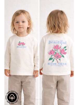 Miniel Kız Beautiful Garden Baskılı %100 Pamuklu Oversize Uzun Kollu T-Shirt Bebek-Çocuk