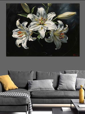Karizma Tablo Vazo Içinde Beyaz Lilyum Çiçekleri Dekoratif Kanvas - Mdf Ahşap Tablo