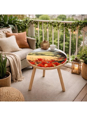 Boyut Gelincik Tarlası Temalı Yuvarlak Sehpa | Doğal Ahşap Ayaklı