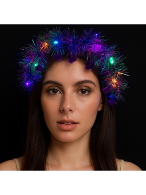 tp Kalp Püsküllü Gece Parıltısı 3 Modlu LED Li Işıklı Taç Mor Renk