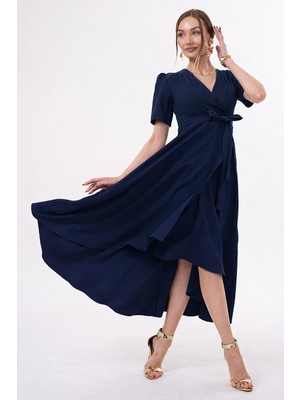 Ruris Lacivert Kruvaze Yaka Asimetrik Sarmal Etek Kısa Kollu Kuşaklı Midi Boy Abiye Mezuniyet Elbisesi