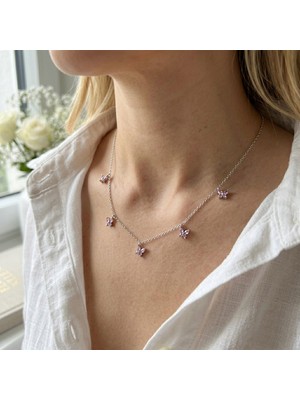 Vaoov 925 Ayar Gümüş Pembe Taşlı Altın Kaplama Şans Kelebek Kolye