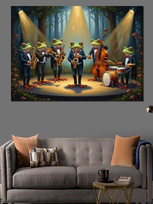 Karizma Tablo Sahne Işıkları Altında Kurbağa Orkestrası Dekoratif Kanvas - Mdf Ahşap Tablo