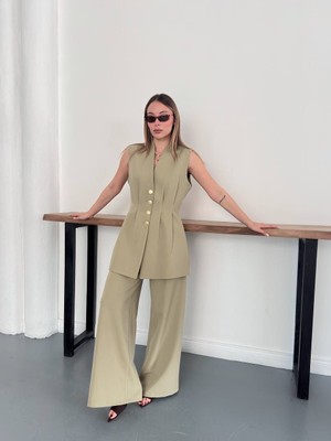 My Lunessa Gold Düğme Belden Oturtmalı Detay Haki Yelek ve Pantolonlu Double Kumaş Ikili Takım