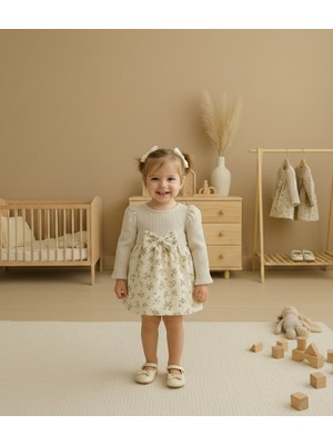 GENYBABY Kız Bebek Elbise Fiyonk Detaylı Çiçek Desenli Uzun Kollu Bebek Elbisesi