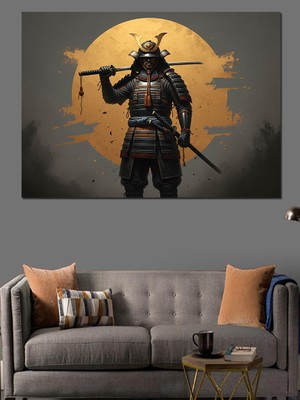 Karizma Tablo Güneş Önünde Kılıçlı Samuray Savaşçı Dekoratif Kanvas - Mdf Ahşap Tablo